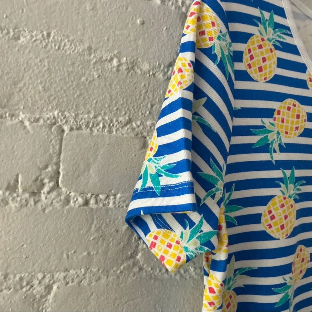 NWT Womens Blue Striped Top 100% Cotton Yellow Pineapple Print Tropical Summer L - Picture 3 of 11
